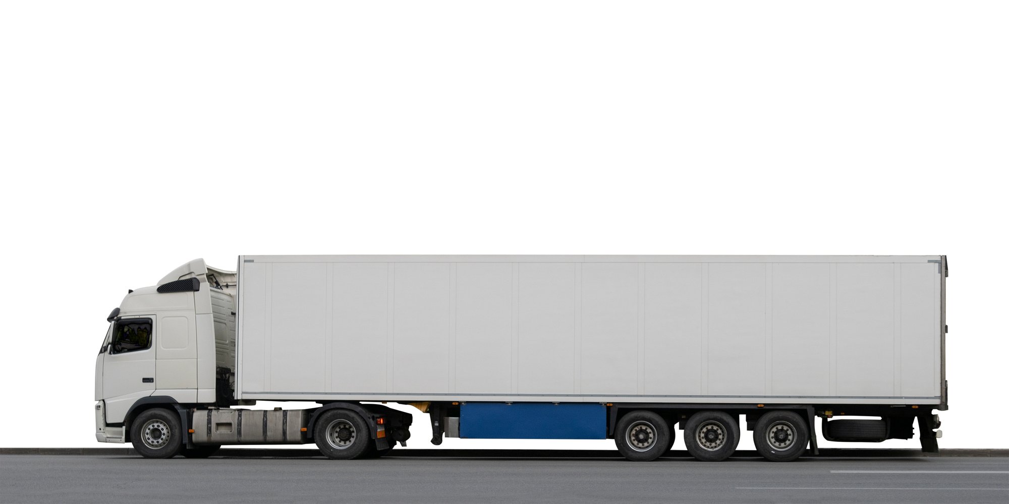 Side View of Cargo Truck Isolated on White Background. Professional Rigs Semi Trucks with Long Box Trailers.